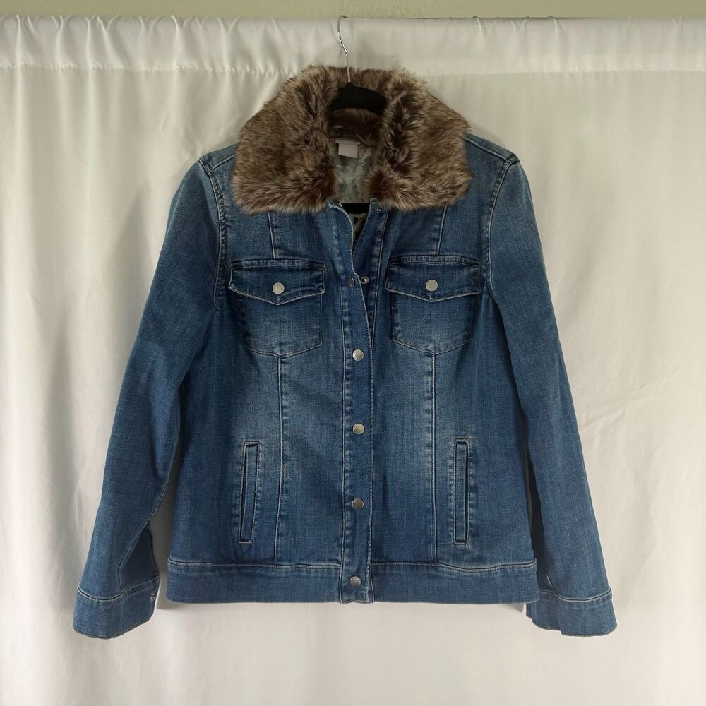 Chico's Denim Jacket Women's 1R 8 10 Blue Snap Faux Fur Neckline Pockets